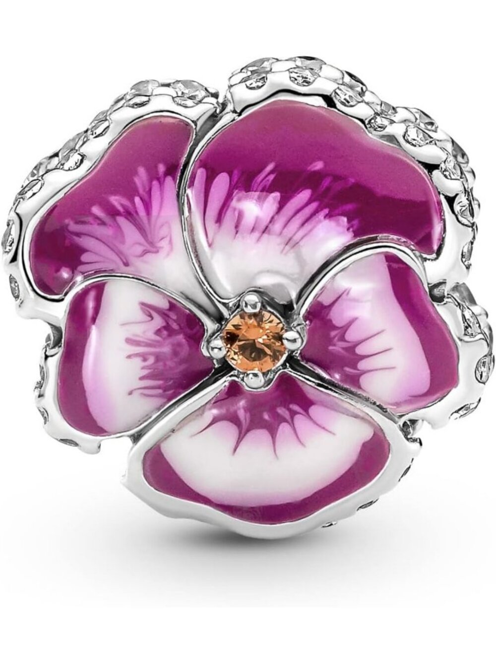 Stunning Pink Pansy Flower Charm Bracelet - Sterling Silver & Cubic Zirconia